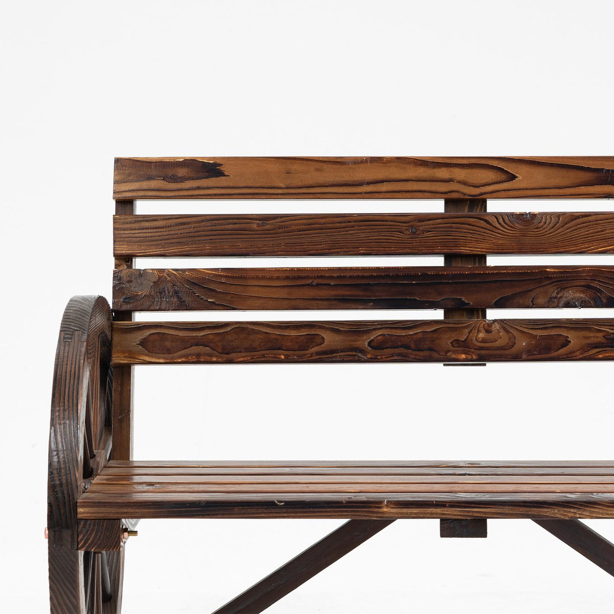 Garden Bench 2-Seater Wooden Bench With Wagon Wheel Armrests In Country House Style, Fir Wood, Brown, 105.5X56X79Cm