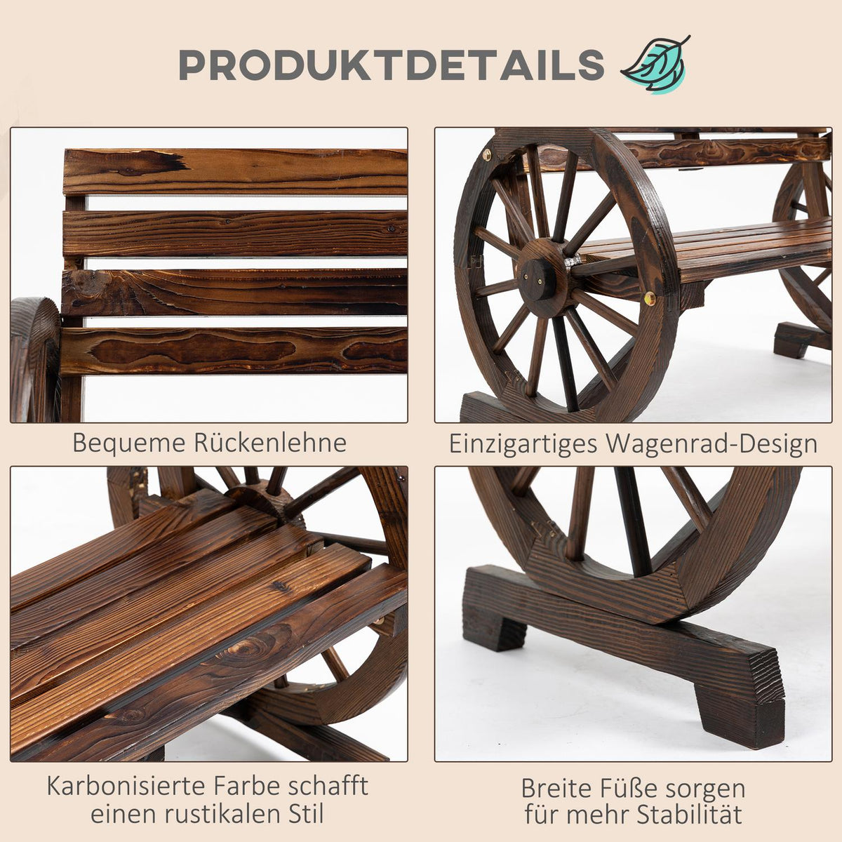 Garden Bench 2-Seater Wooden Bench With Wagon Wheel Armrests In Country House Style, Fir Wood, Brown, 105.5X56X79Cm