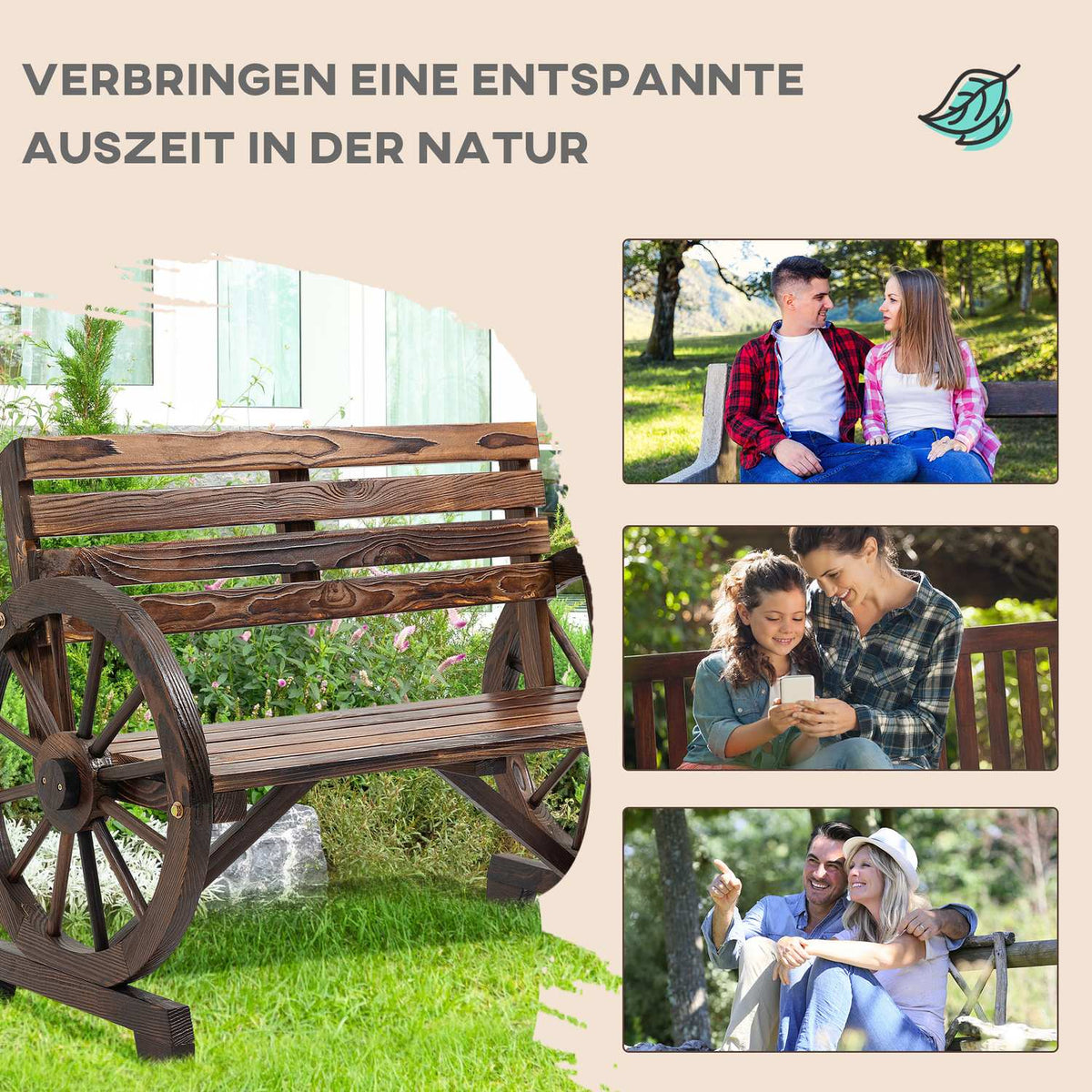 Garden Bench 2-Seater Wooden Bench With Wagon Wheel Armrests In Country House Style, Fir Wood, Brown, 105.5X56X79Cm