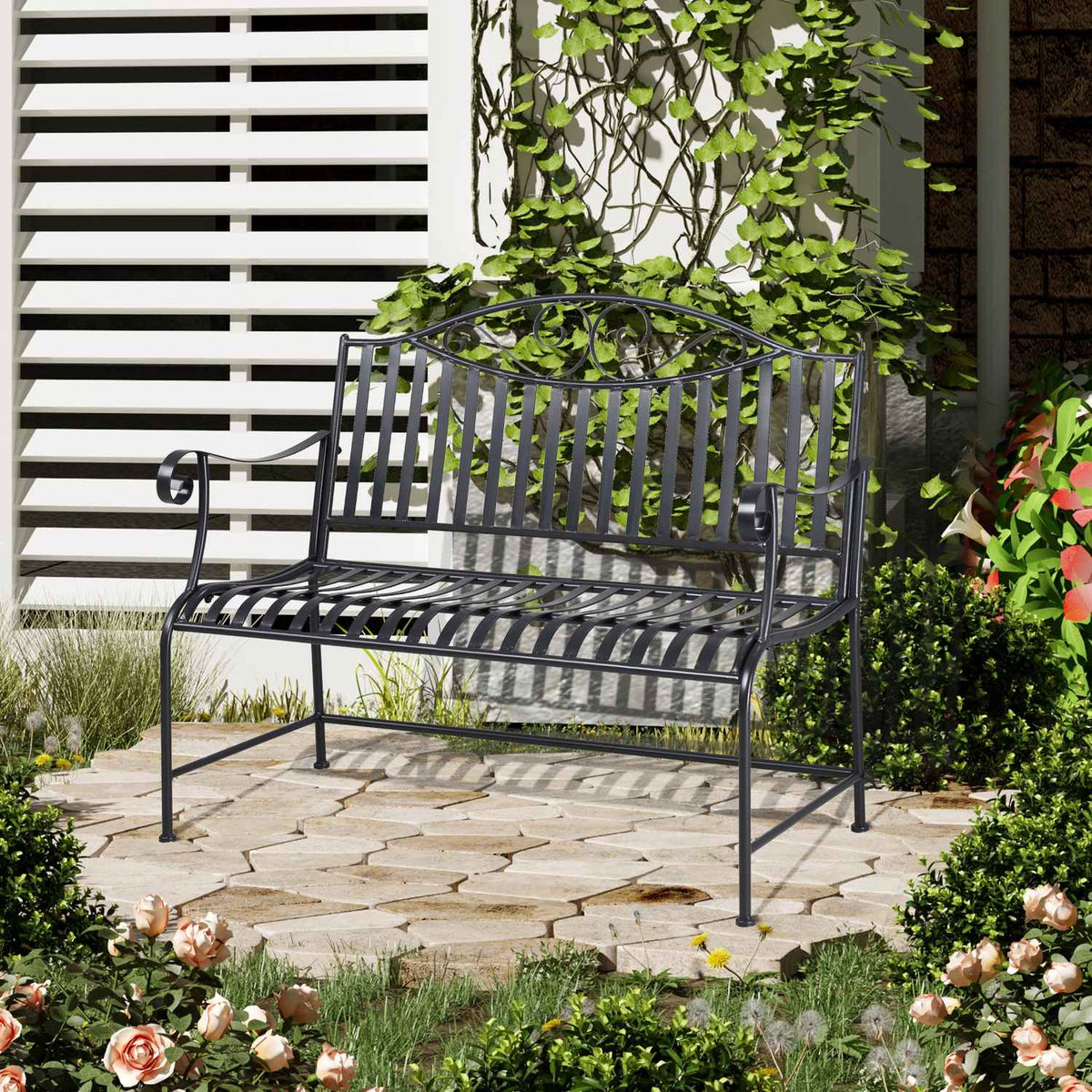 Garden Bench Bench For 2 People Park Bench Armrest Metal Bench Garden Balcony Patio Up To 220Kg Gray 155X54X96Cm