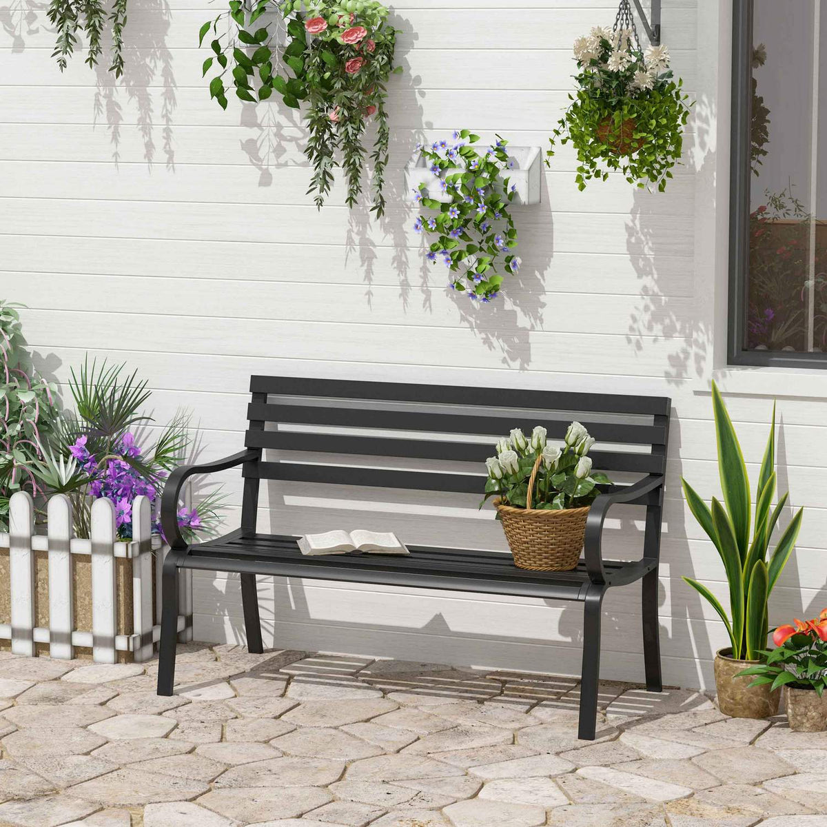 Garden Bench Bench Metal Garden Furniture 2-Seater Black 127 X 58 X 82 Cm