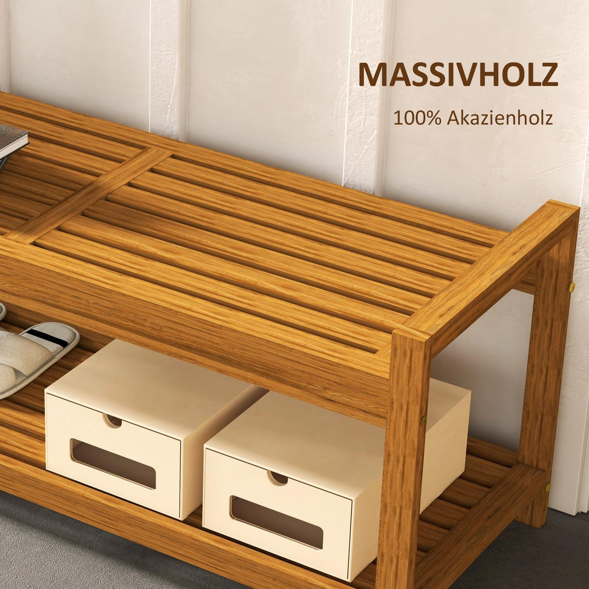 Garden Bench Bench With Armrest Wooden Bench With Shelf 2-Seater Park Bench For Balcony, Terrace, Load Capacity Up To 250 Kg, Teak, 118 X 40.5 X 46 Cm
