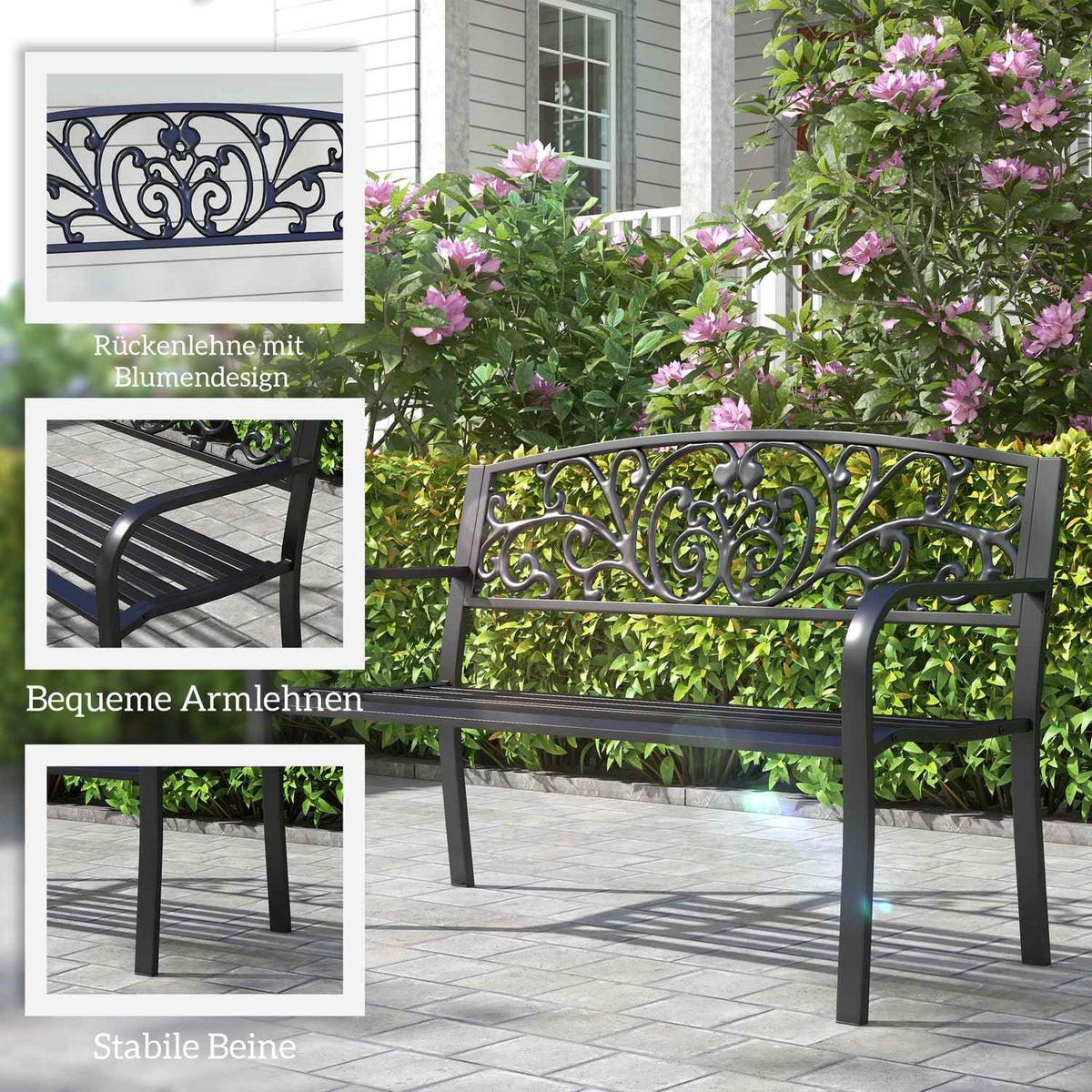 Garden Bench Metal 2-Seater Park Bench with Backrest and Armrest Weatherproof Load up to 250 kg for Balcony and Terrace Black