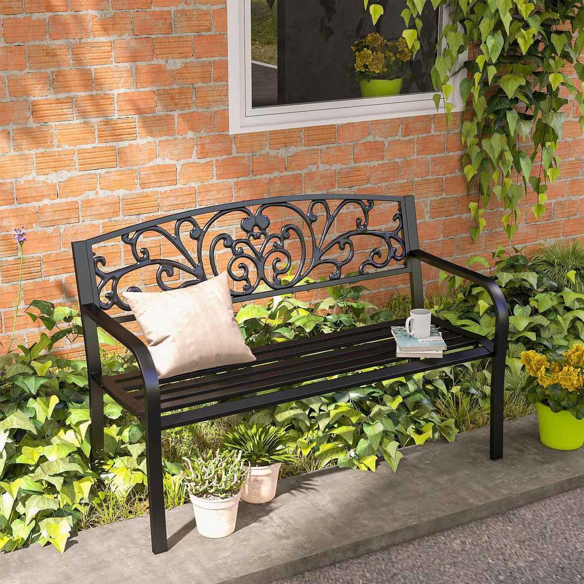 Garden Bench Metal 2-Seater Park Bench with Backrest and Armrest Weatherproof Load up to 250 kg for Balcony and Terrace Black