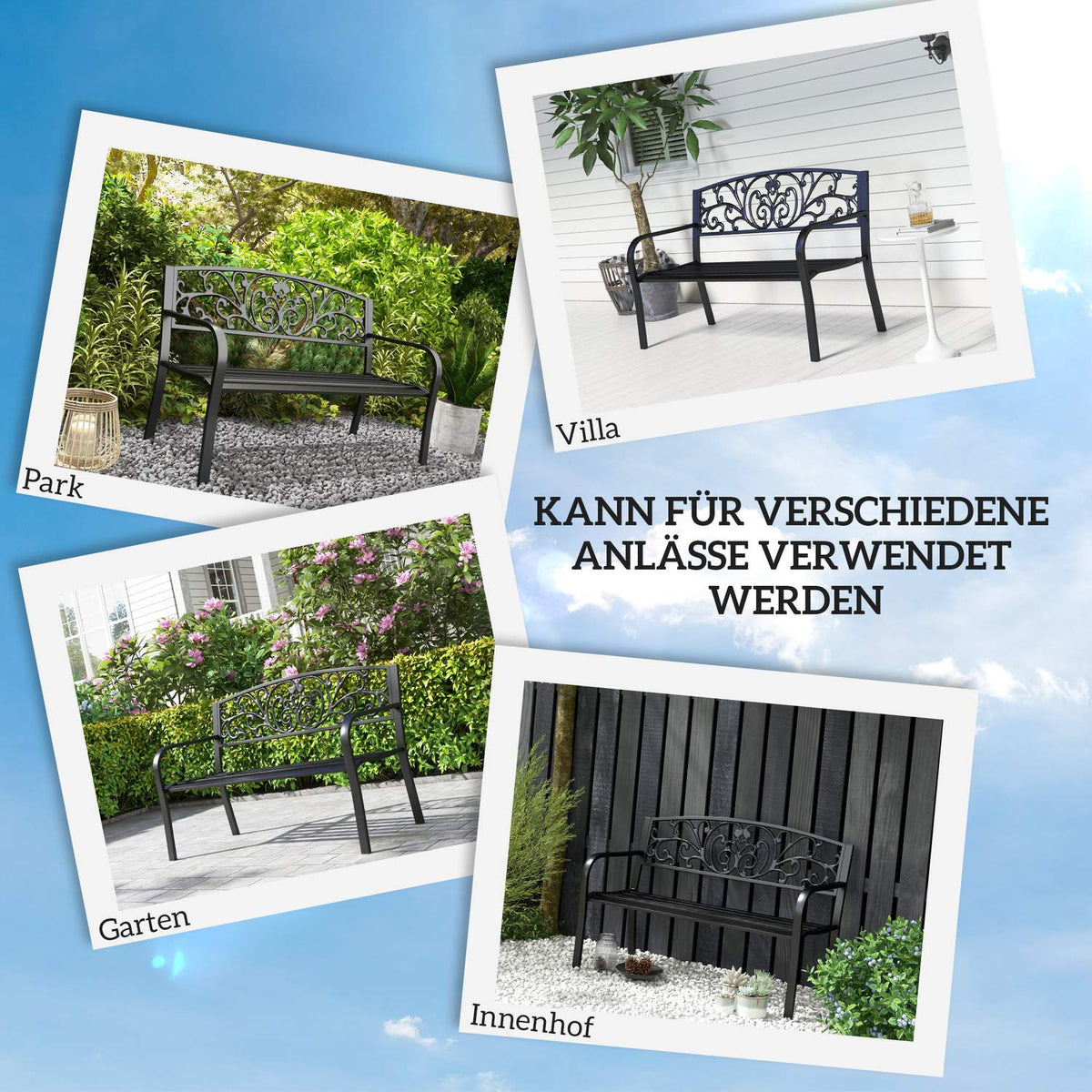 Garden Bench Metal 2-Seater Park Bench with Backrest and Armrest Weatherproof Load up to 250 kg for Balcony and Terrace Black