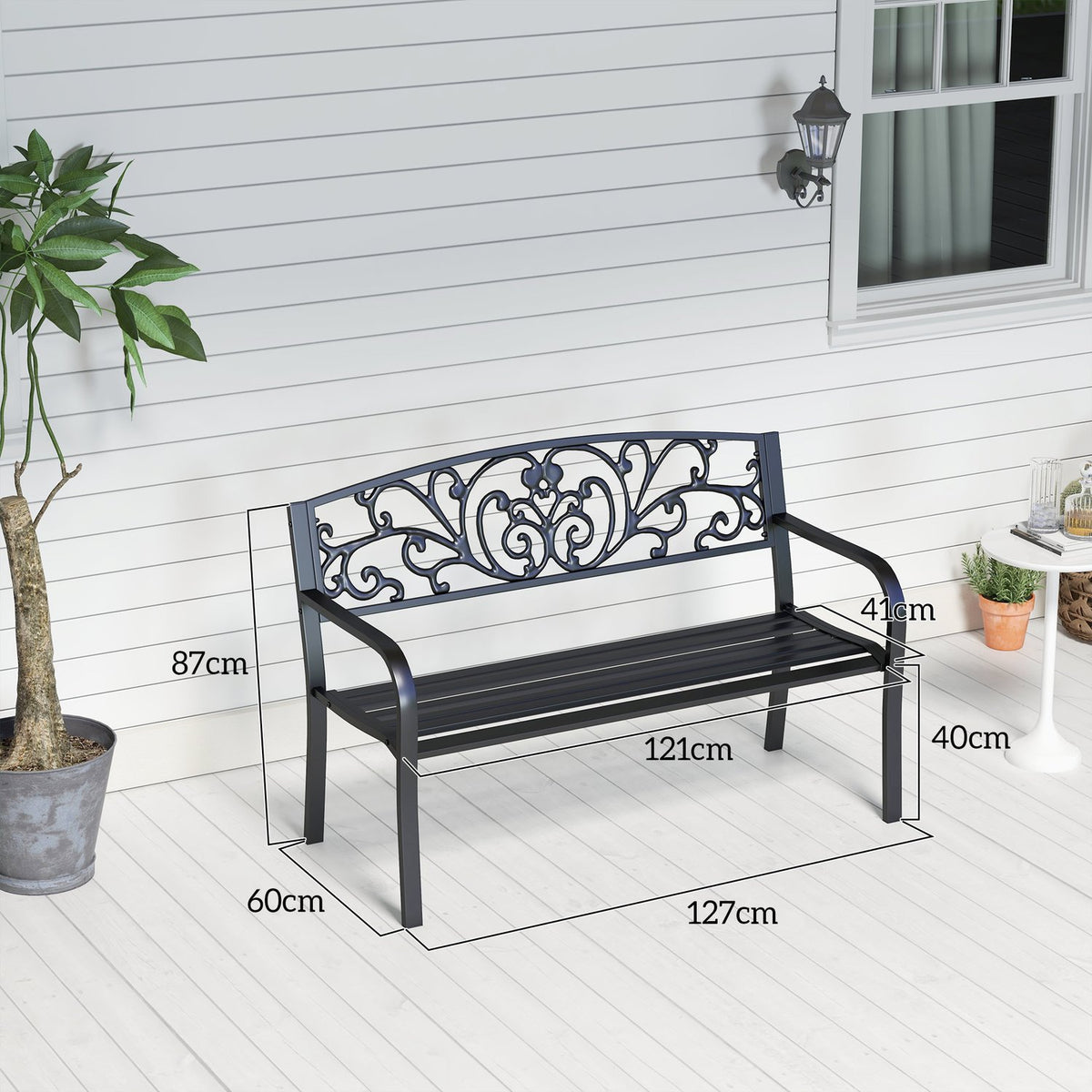 Garden Bench Metal 2-Seater Park Bench with Backrest and Armrest Weatherproof Load up to 250 kg for Balcony and Terrace Black