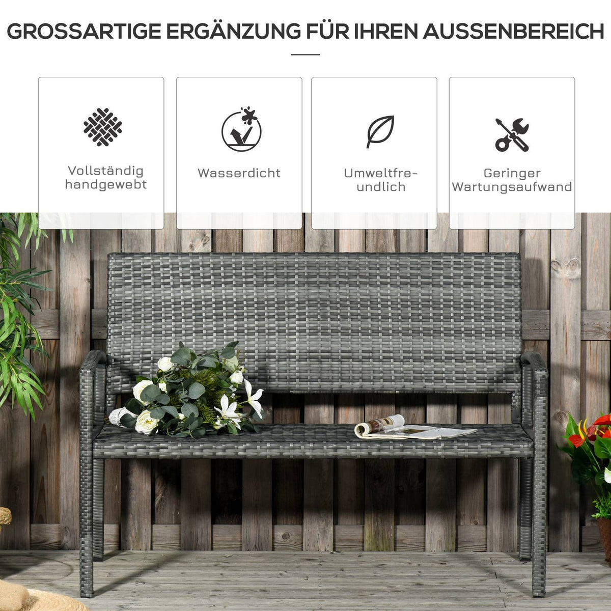 Garden Bench, Rattan Look Bench, Park Bench With Steel Frame, Balcony Bench For 2 People, Garden Furniture, Load Capacity Up To 320 Kg, Grey