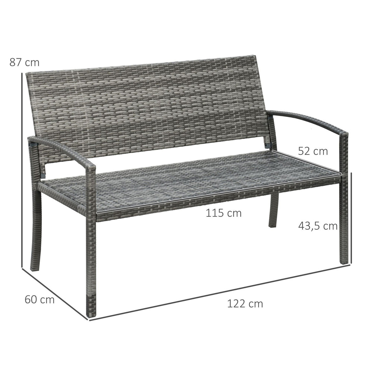 Garden Bench, Rattan Look Bench, Park Bench With Steel Frame, Balcony Bench For 2 People, Garden Furniture, Load Capacity Up To 320 Kg, Grey