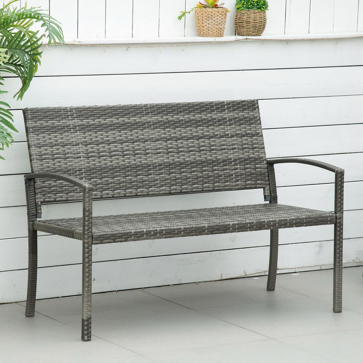Garden Bench, Rattan Look Bench, Park Bench With Steel Frame, Balcony Bench For 2 People, Garden Furniture, Load Capacity Up To 320 Kg, Grey