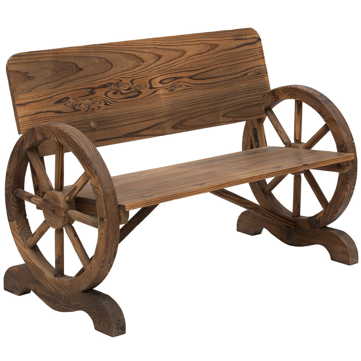Garden Bench With Armrests, Wagon Wheels Design Bench, Garden Furniture, Rustic Bench, Solid Wood, Brown, 114 X 58 X 80 Cm