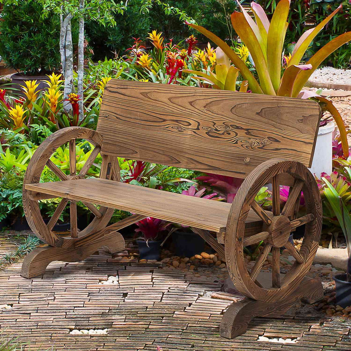 Garden Bench With Armrests, Wagon Wheels Design Bench, Garden Furniture, Rustic Bench, Solid Wood, Brown, 114 X 58 X 80 Cm
