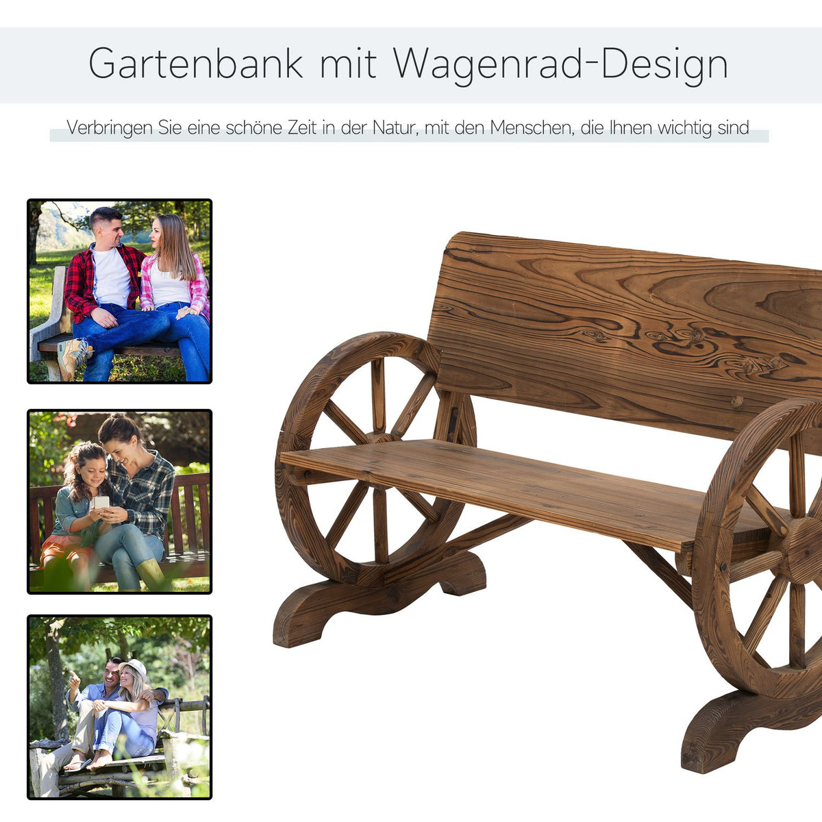 Garden Bench With Armrests, Wagon Wheels Design Bench, Garden Furniture, Rustic Bench, Solid Wood, Brown, 114 X 58 X 80 Cm