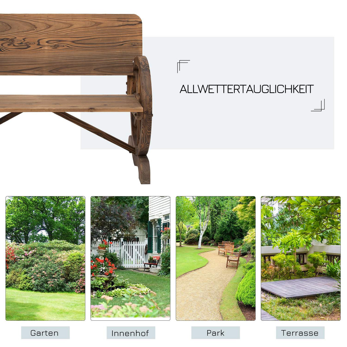 Garden Bench With Armrests, Wagon Wheels Design Bench, Garden Furniture, Rustic Bench, Solid Wood, Brown, 114 X 58 X 80 Cm