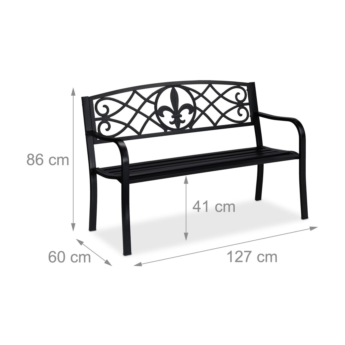 Garden Bench with Fleur de Lis Backrest, Black Metal