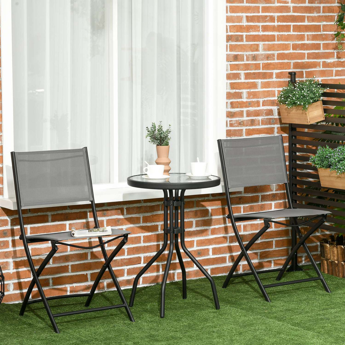 Garden Bistro Set For 2 People, Garden Furniture Set Including 1 Table, 2 Folding Chairs, Garden Furniture, Steel Grey