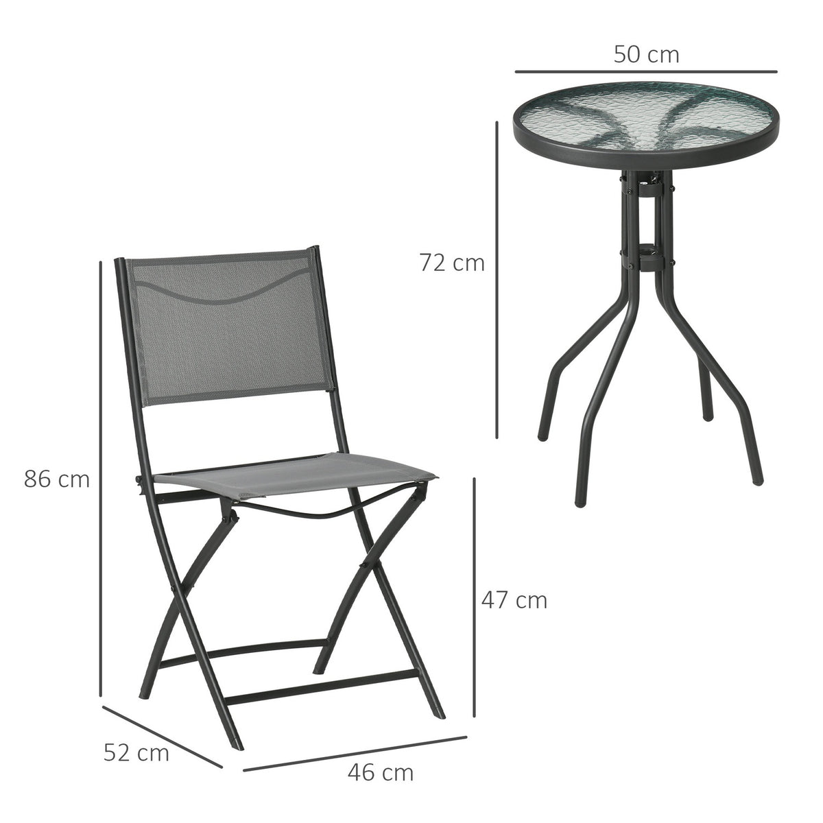 Garden Bistro Set For 2 People, Garden Furniture Set Including 1 Table, 2 Folding Chairs, Garden Furniture, Steel Grey