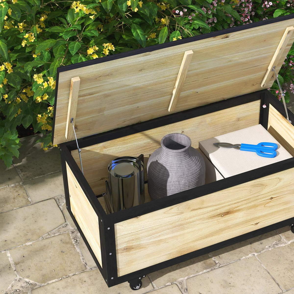 Garden Box Wooden Storage Box 121L Storage Box With Wheels, Weatherproof Storage Box For Balcony, Patio, Natural