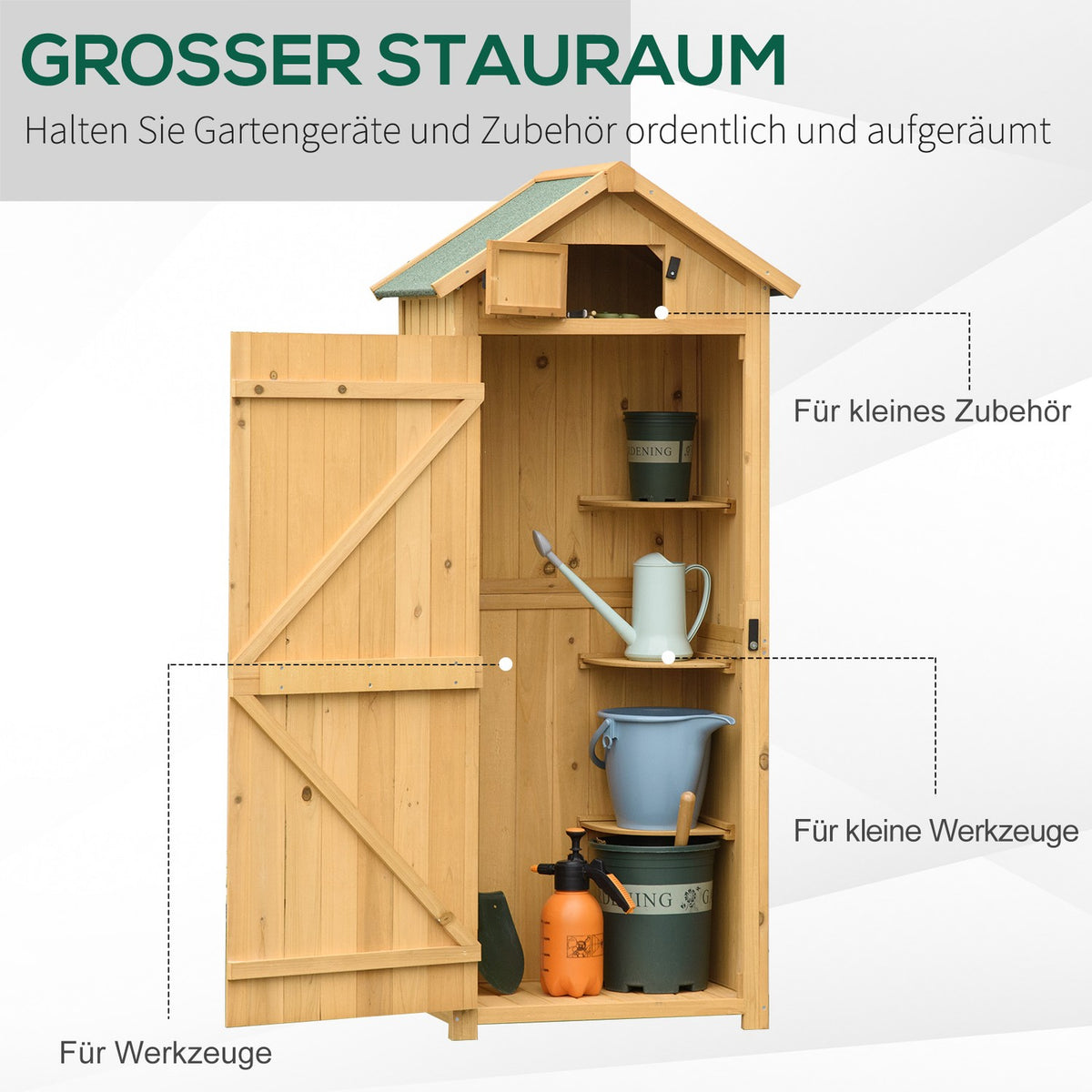 Garden Cabinet, Garden Shed, Tool Shed, Tool Shed With Shelves, Asphalt Roof, Window, Wood, Yellow + Green, 77 X 54.2 X 179 Cm