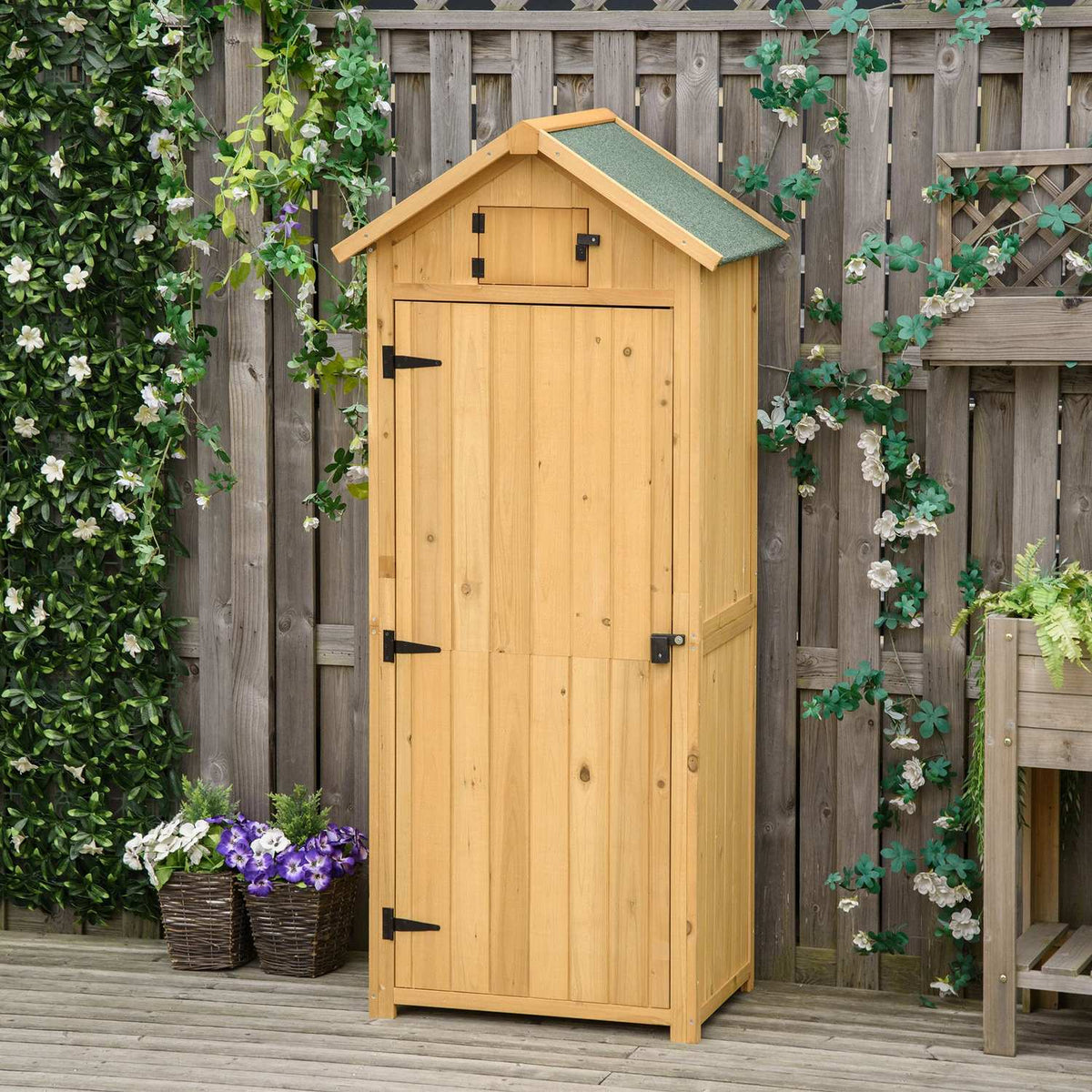 Garden Cabinet, Garden Shed, Tool Shed, Tool Shed With Shelves, Asphalt Roof, Window, Wood, Yellow + Green, 77 X 54.2 X 179 Cm