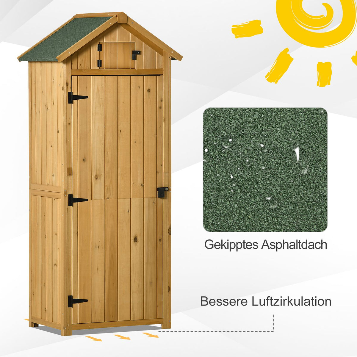 Garden Cabinet, Garden Shed, Tool Shed, Tool Shed With Shelves, Asphalt Roof, Window, Wood, Yellow + Green, 77 X 54.2 X 179 Cm
