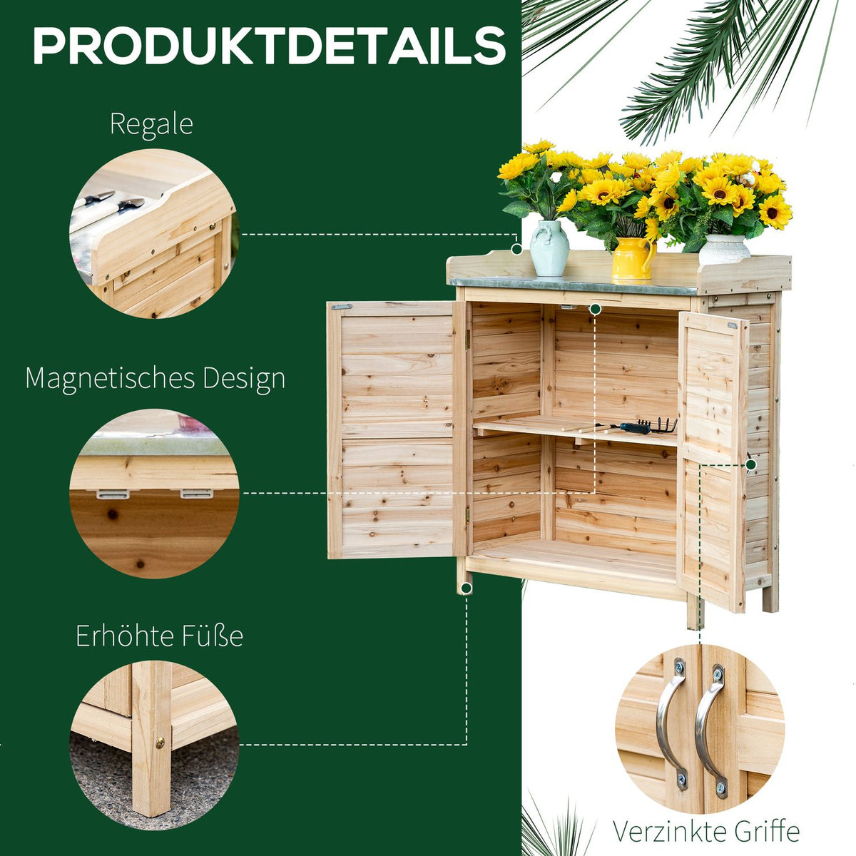 Garden Cabinet Plant Table With Base Cabinet Wooden Equipment Cabinet Cupboard With 2 Shelves Tool Shed Garden Shed Outdoor Natural 83 X 40 X 92 Cm