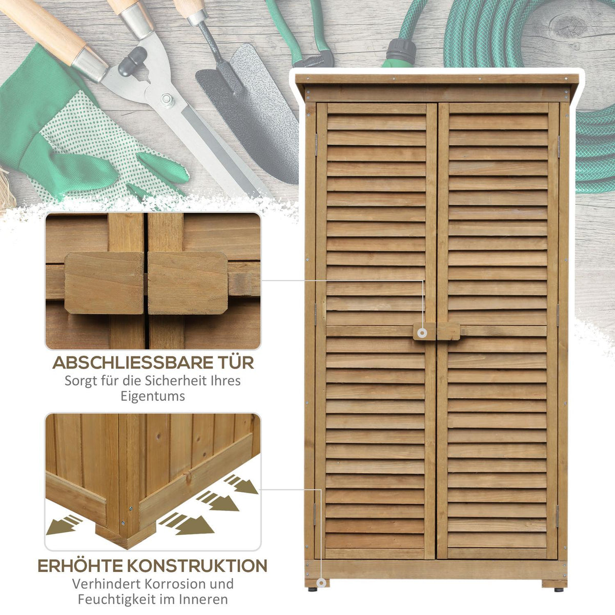 Garden Cabinet Wooden Tool Shed Tool Cabinet Tool Cabinet Garden Shed Wooden Hut Pent Roof Slat Doors Fir Wood 87 X 46.5 X 160 Cm
