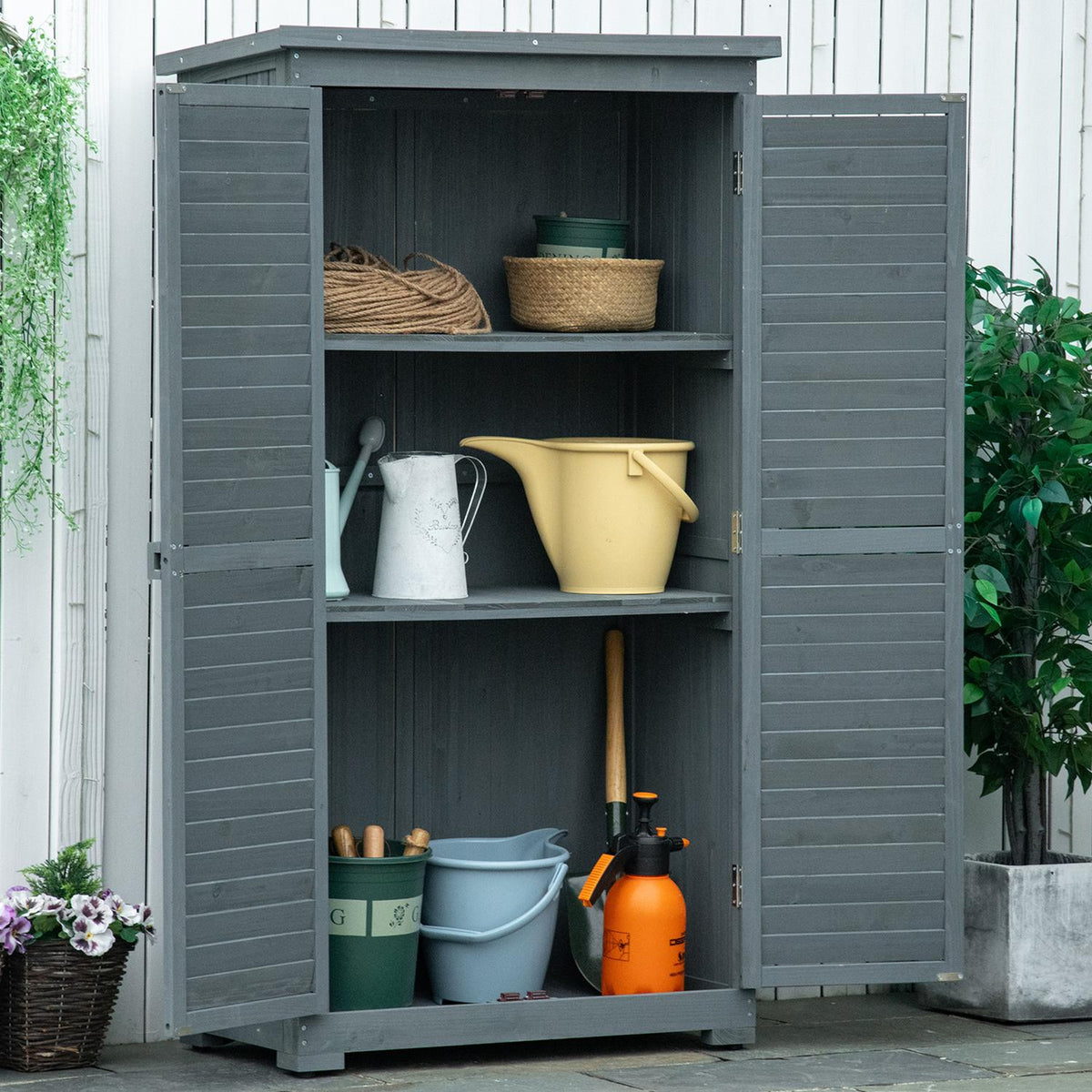 Garden Cabinet Wooden Tool Shed With Pent Roof, Bitumen Cardboard, Slatted Doors, Gray, 87X46.5X160Cm