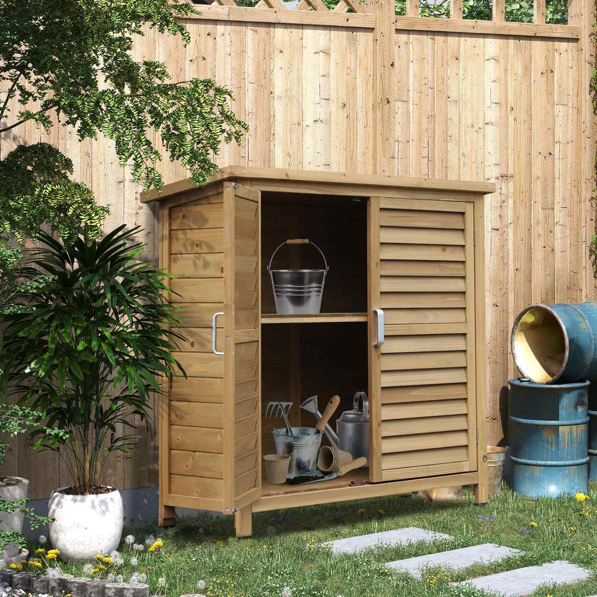 Garden Cabinet Wooden Tool Shed With Pent Roof, Bitumen Cardboard, Slatted Doors, Natural, 87X46.5X96.5Cm