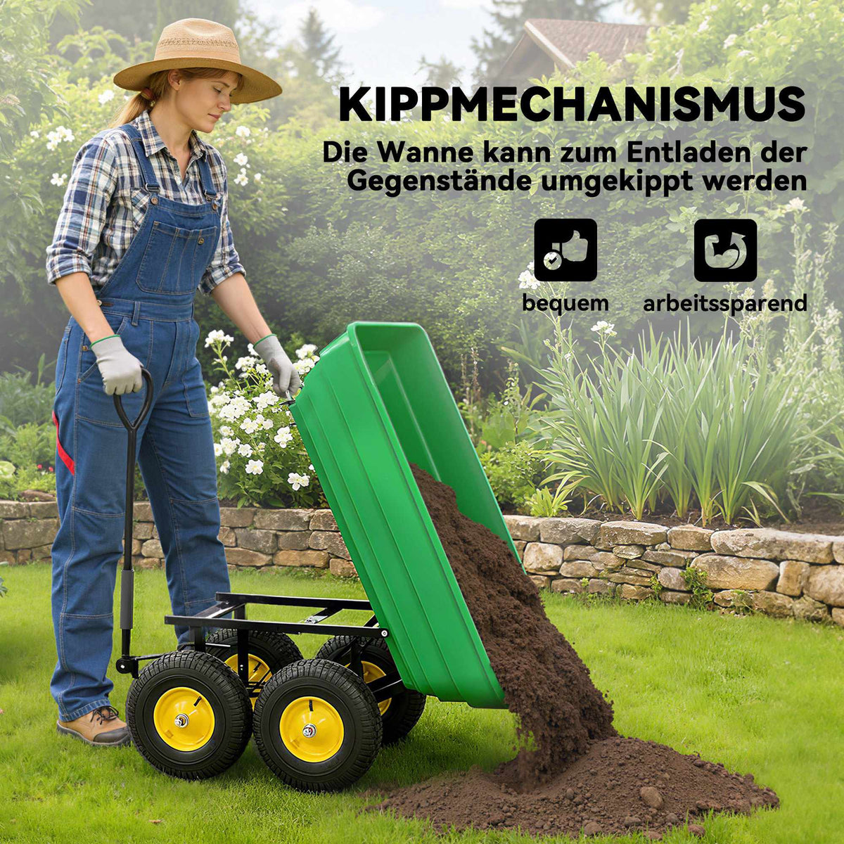 Garden Cart with Tipping Function, 75L, 200kg Capacity