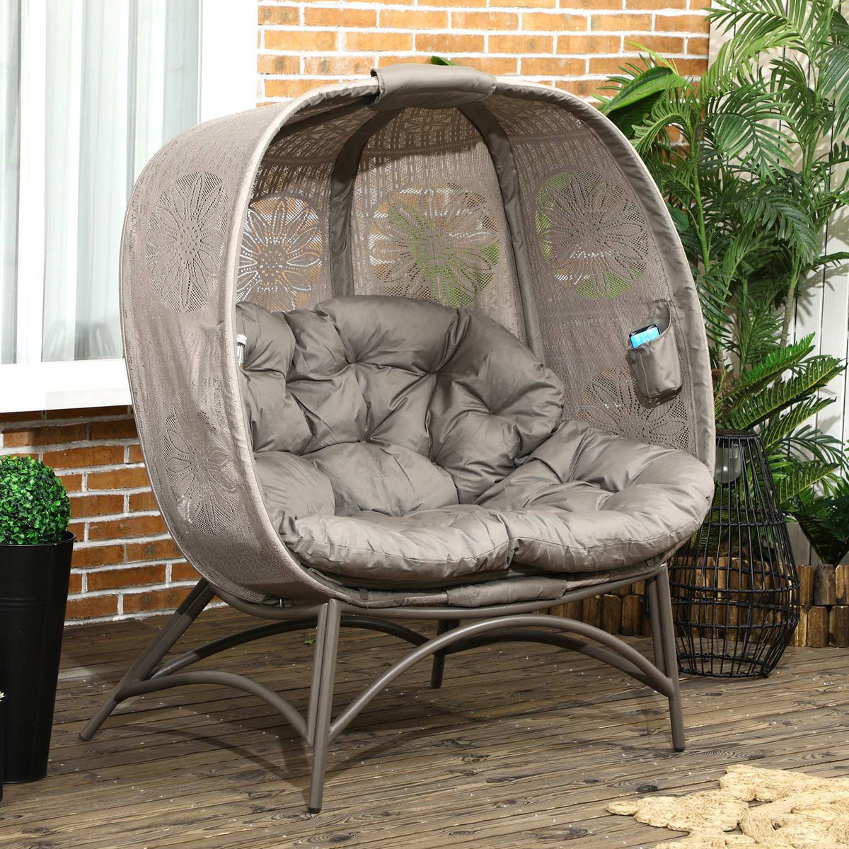 Garden Chair 2 Seater Wicker Chair With Foldable Basket Papasan Chair With Cushion Lounge Chair For Balcony Patio Steel Sand 126 X 75 X 142 Cm