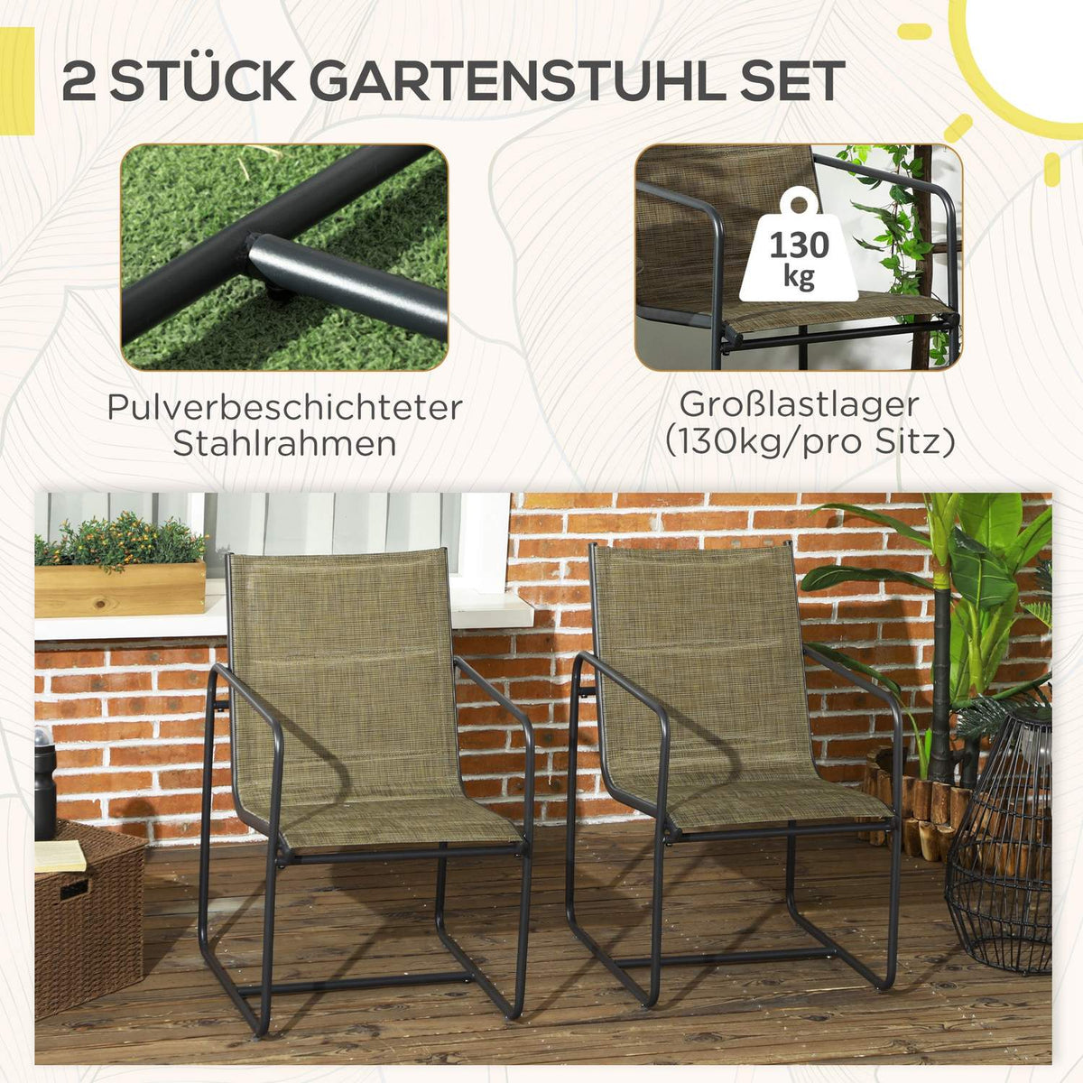 Garden Chairs Set Of 2, Garden Chair Set With Armrests, Patio Chair, Balcony Chair, Mesh, Steel, Brown, 54 X 66.5 X 88 Cm