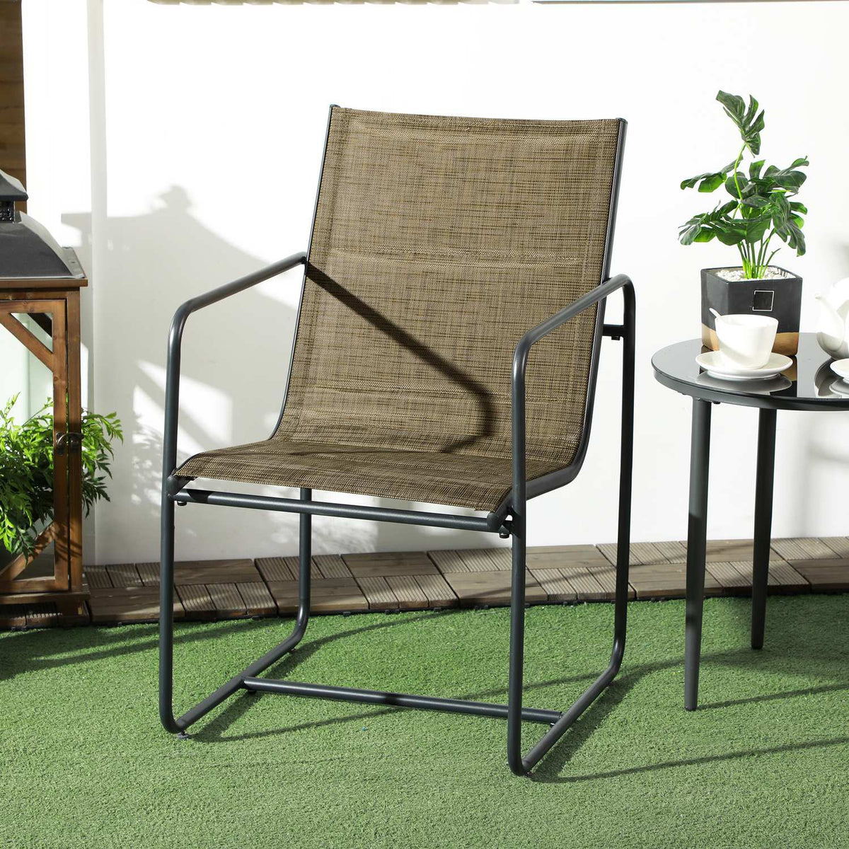 Garden Chairs Set Of 2, Garden Chair Set With Armrests, Patio Chair, Balcony Chair, Mesh, Steel, Brown, 54 X 66.5 X 88 Cm