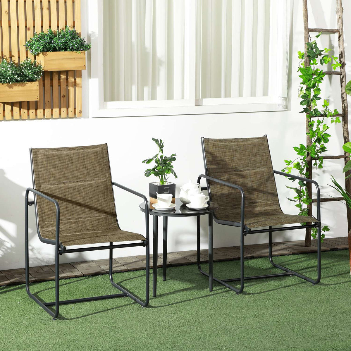 Garden Chairs Set Of 2, Garden Chair Set With Armrests, Patio Chair, Balcony Chair, Mesh, Steel, Brown, 54 X 66.5 X 88 Cm