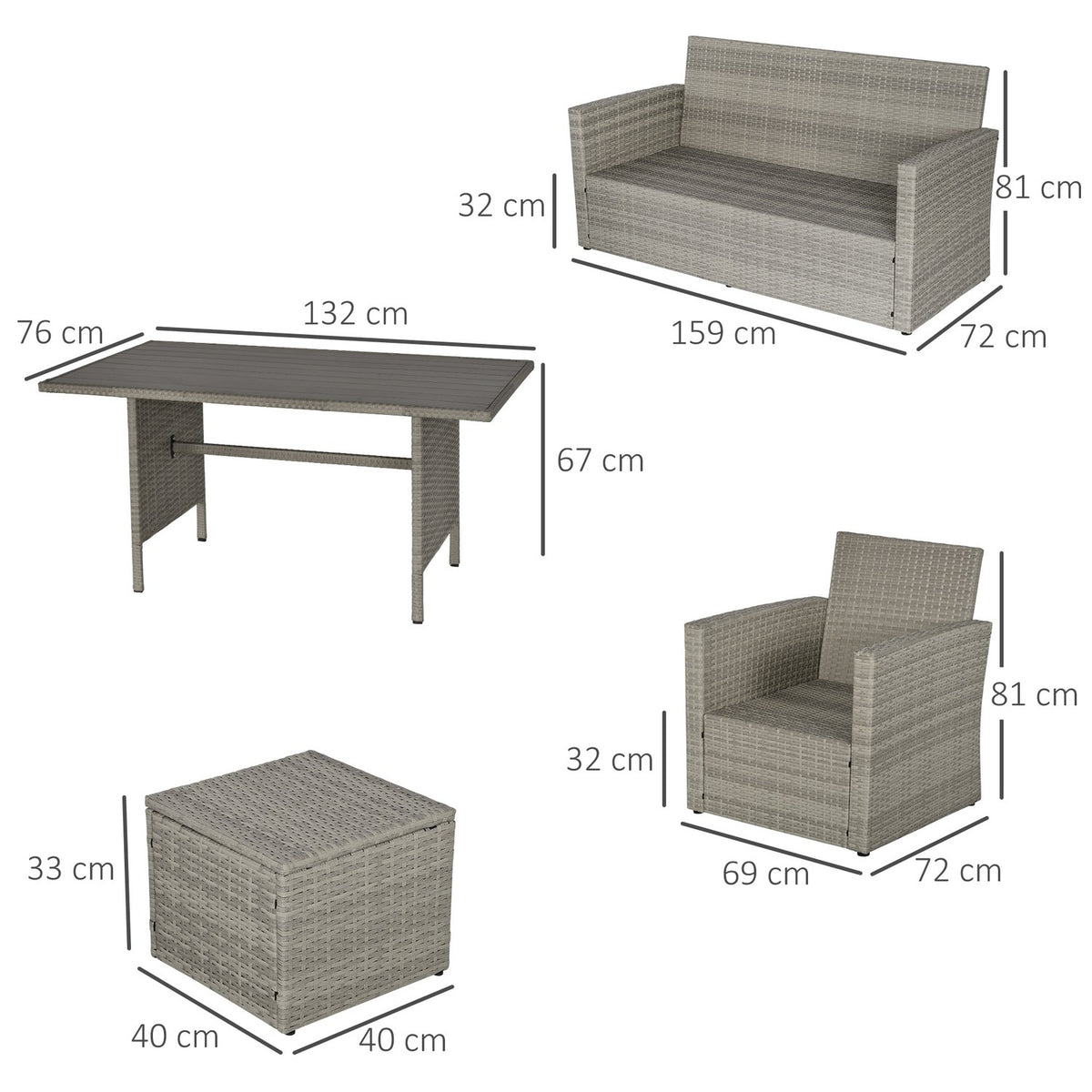Garden Dining Group With Sofa Set, Lounge & Stool, Ideal For Yard & Balcony, Pe Rattan, Grey