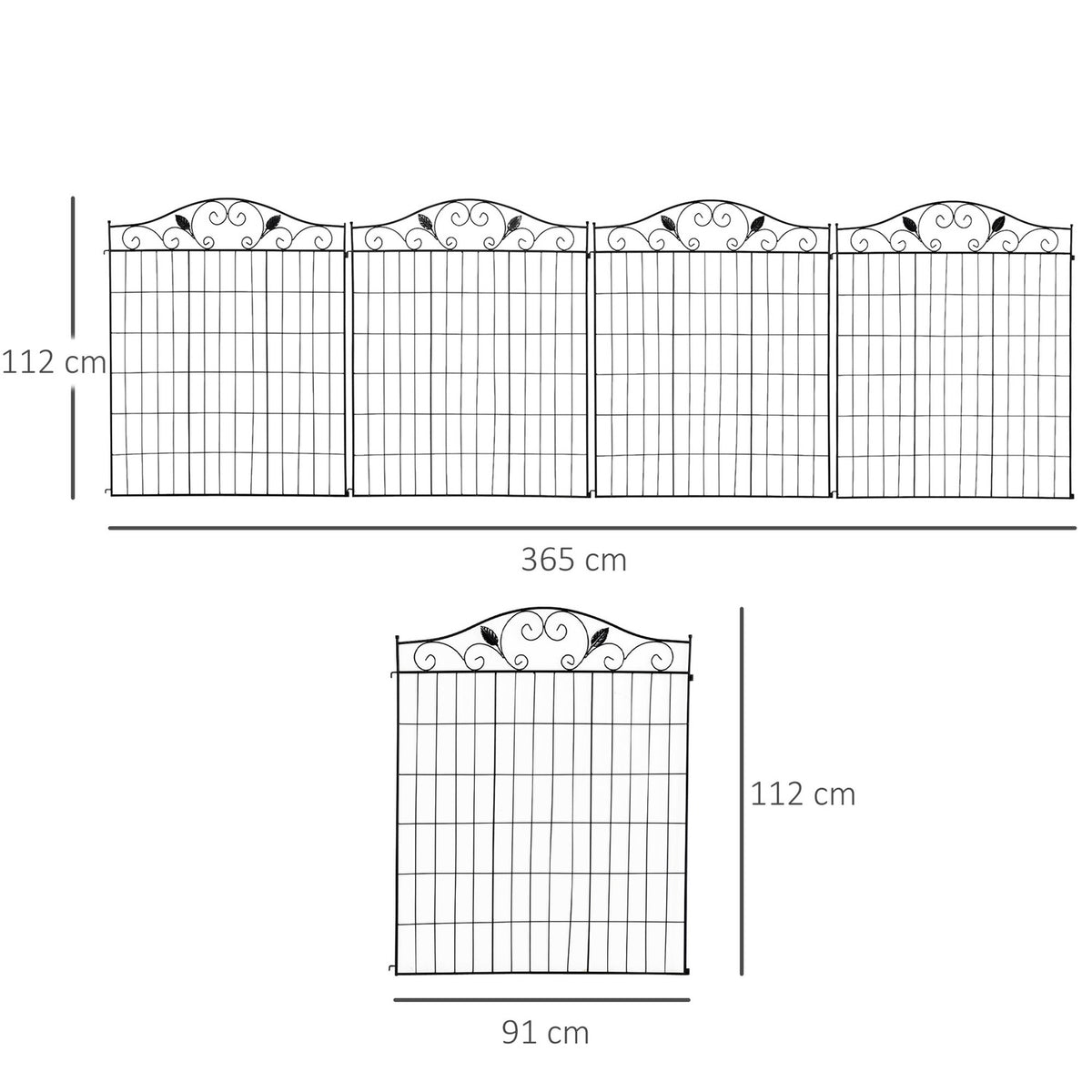 Garden Fence Set Of 4 Decorative Metal Fence, 365X112Cm, For Balcony And Garden, Black