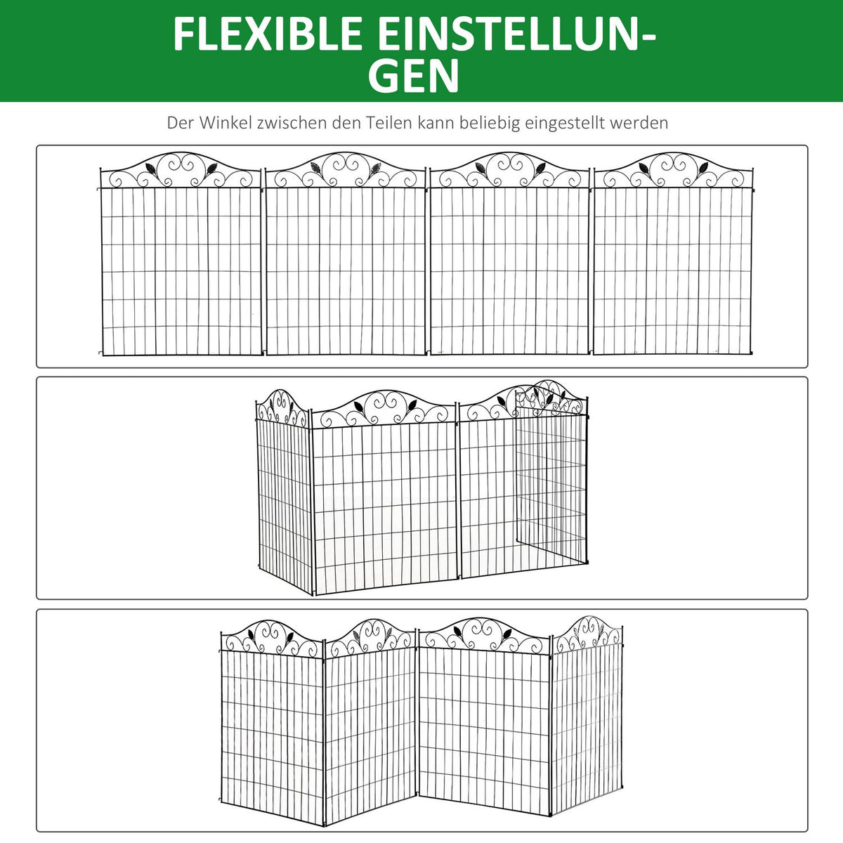 Garden Fence Set Of 4 Decorative Metal Fence, 365X112Cm, For Balcony And Garden, Black