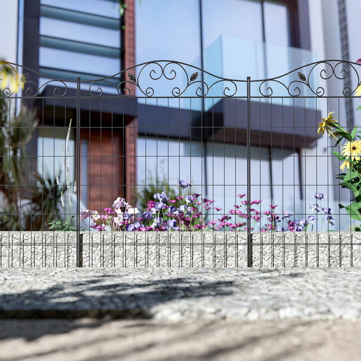 Garden Fence Set Of 4 Decorative Metal Fence, 365X112Cm, For Balcony And Garden, Black