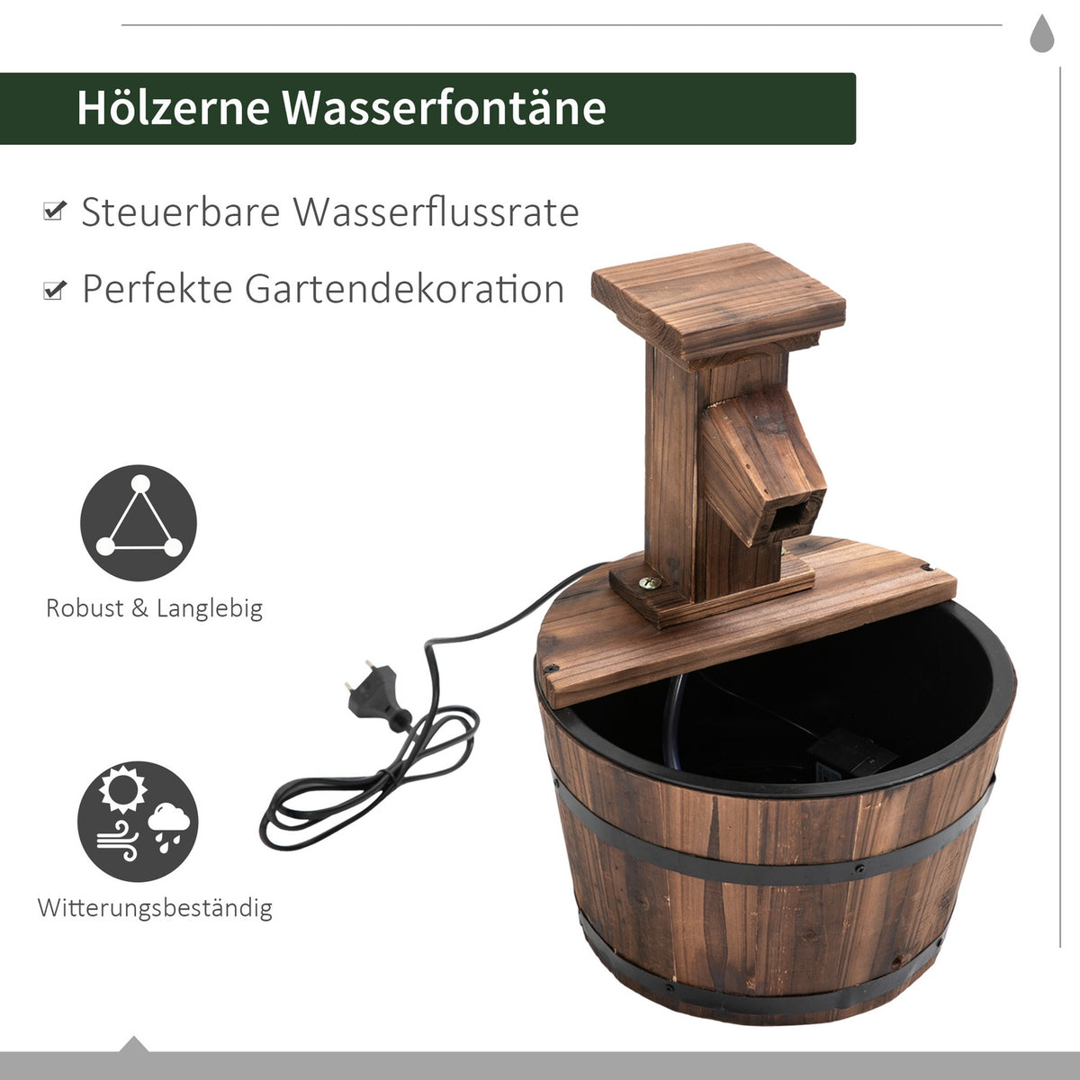 Garden Fountain Decorative Fountain Barrel Fountain Waterfall Wooden Bucket Fir Wood + Metal Dark Brown Diameter 27 X 37 Cm
