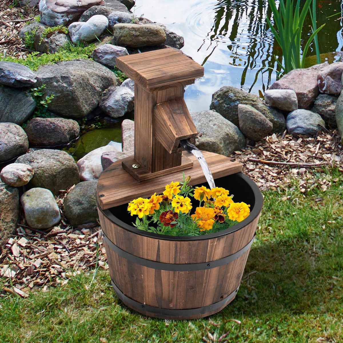 Garden Fountain Decorative Fountain Barrel Fountain Waterfall Wooden Bucket Fir Wood + Metal Dark Brown Diameter 27 X 37 Cm