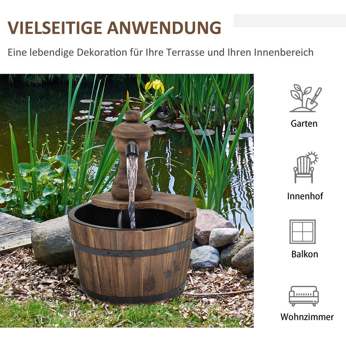Garden Fountain Fountain Decorative Fountain Barrel Fountain Waterfall Wooden Bucket Fir Wood + Metal Natural Wood Ø27 X 37 Cm