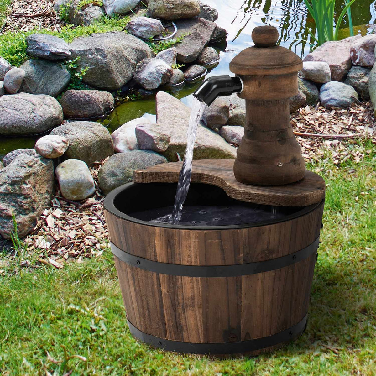 Garden Fountain Fountain Decorative Fountain Barrel Fountain Waterfall Wooden Bucket Fir Wood + Metal Natural Wood Ø27 X 37 Cm