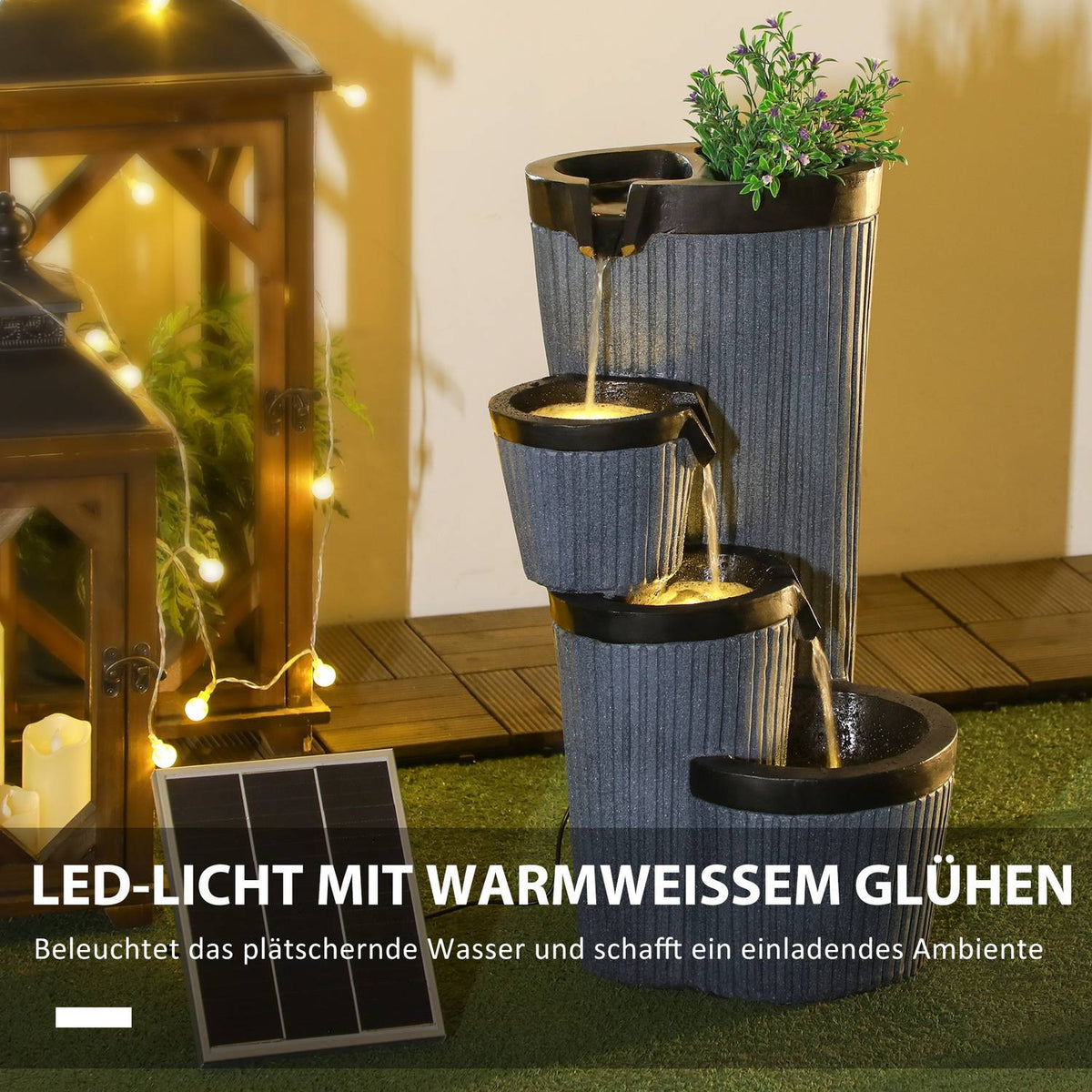 Garden Fountain Solar Fountain Led Lighting 4 Levels Decorative Fountain Flower Box Balcony Synthetic Resin 33 X 30 X 57.5 Cm