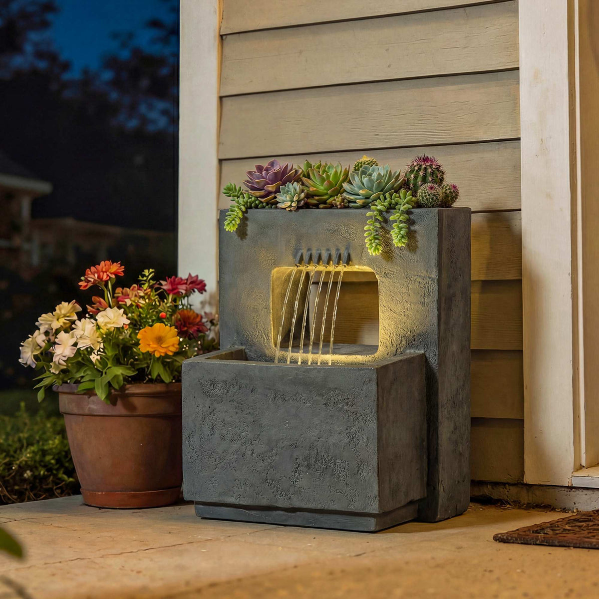 Garden Fountain with LED Lights and Planter, Resin