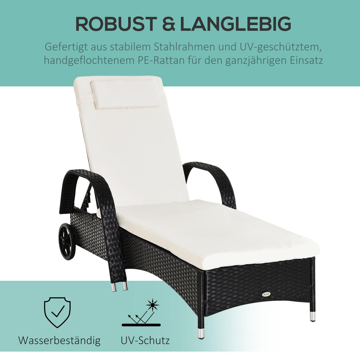 Garden Furniture Garden Lounger Sun Lounger Mobile With Cushion, Polyrattan + Metal, Black, 200 X 73 X 30-103 Cm
