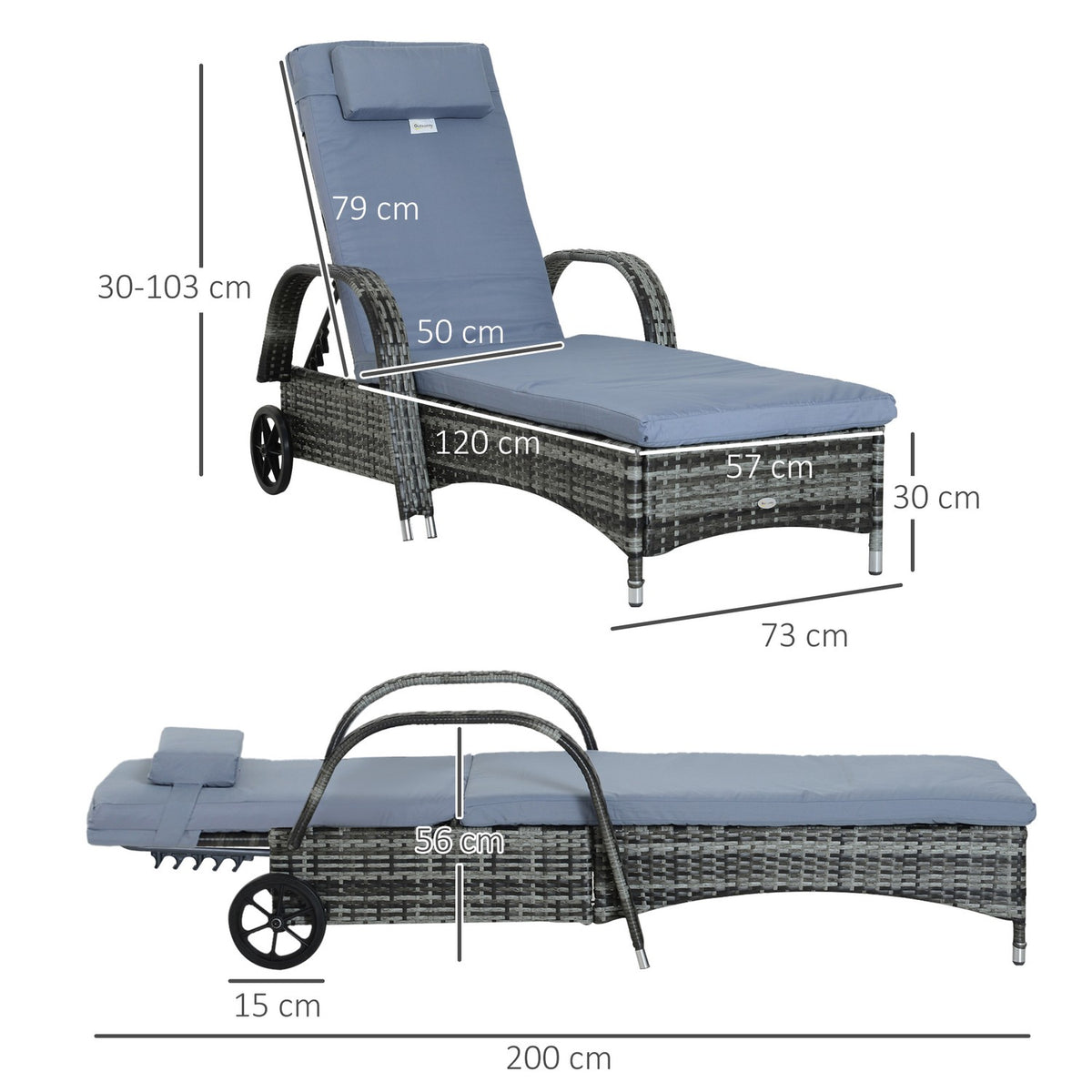 Garden Furniture Garden Lounger Sun Lounger Mobile With Cushion, Polyrattan + Metal, Gray, 200X73X30-103Cm