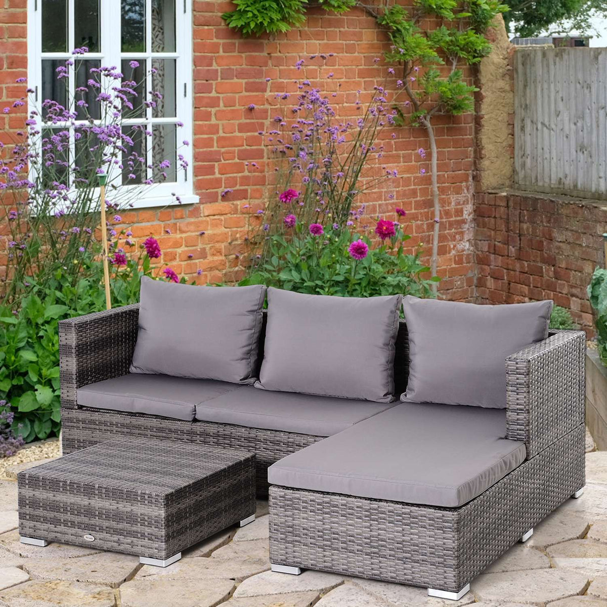 Garden Furniture Set 3-Piece Sofa Side Table Storage Space 5-Tier Pe Rattan Gray