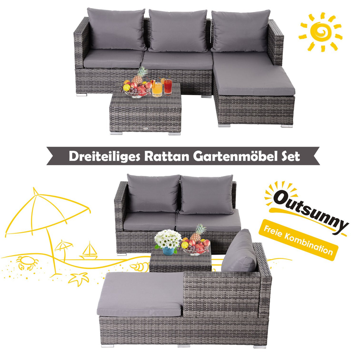 Garden Furniture Set 3-Piece Sofa Side Table Storage Space 5-Tier Pe Rattan Gray