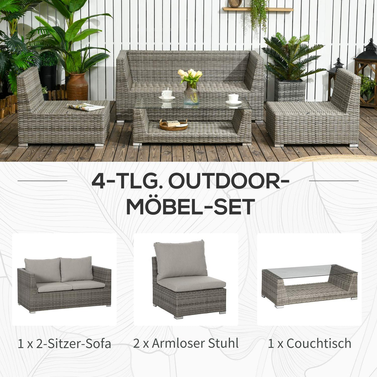 Garden Furniture Set 4 People Polyrattan Weather-Resistant Removable Covers Gray Beige