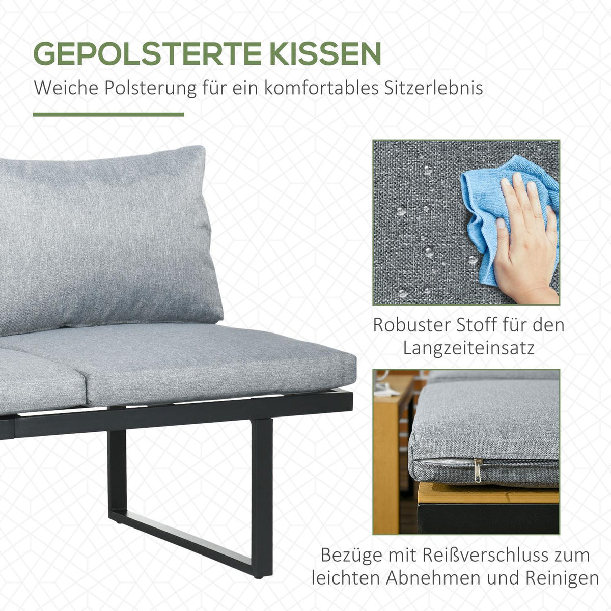 Garden Furniture Set For 3 People, Balcony Furniture With Seat Cushions, Aluminum Frame, Wood Look, Dark Gray + Natural