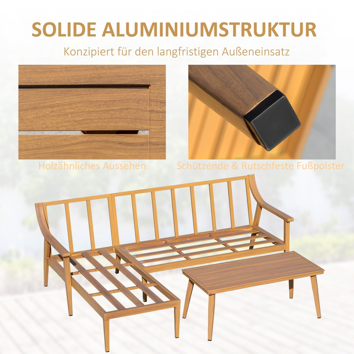 Garden Furniture Set For 3 People With Chaise Longue Double Sofa Table Natural